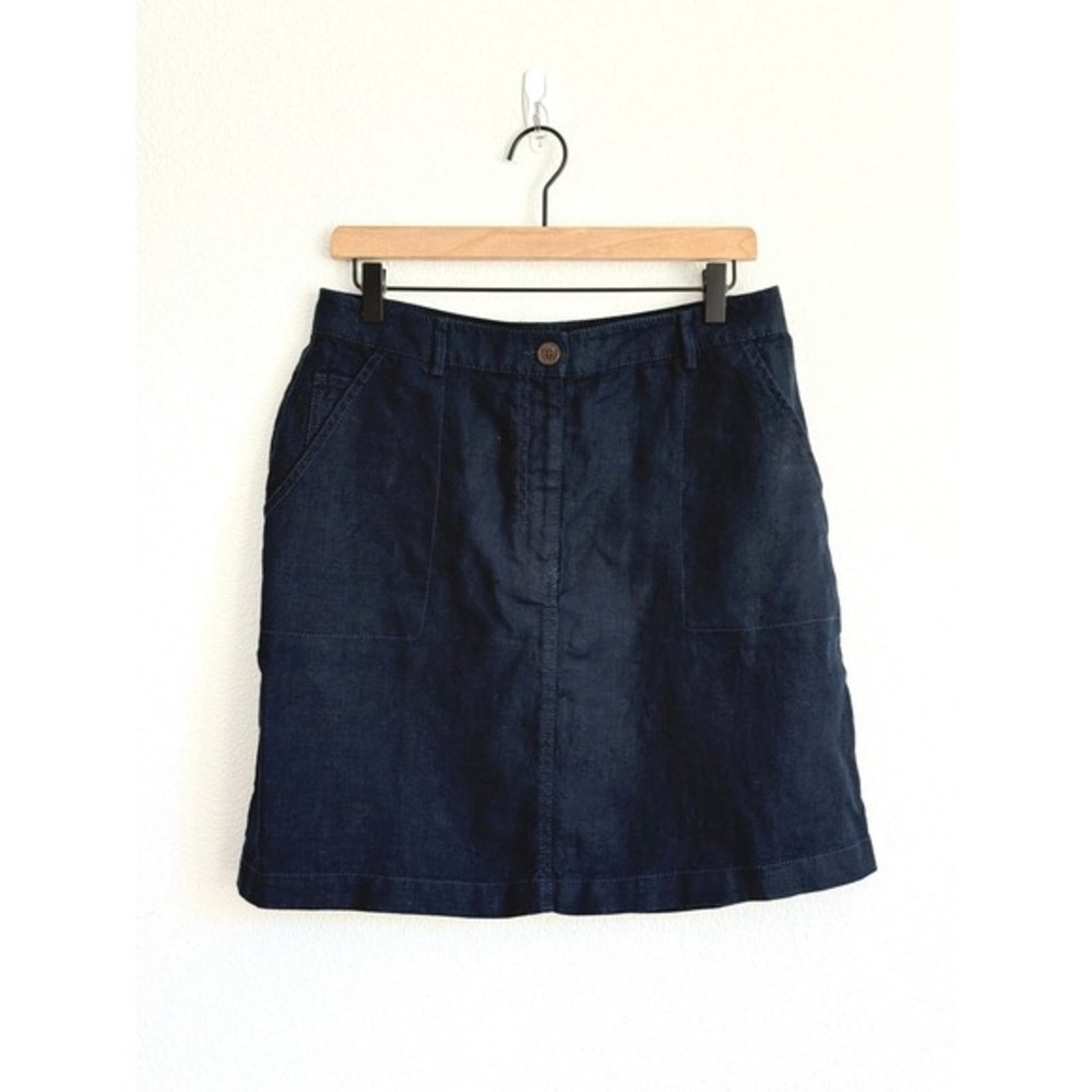 L.L.‎ Bean Navy 100% Linen Mini Skirt 12P Coastal Grandma Quiet Luxury A-Line